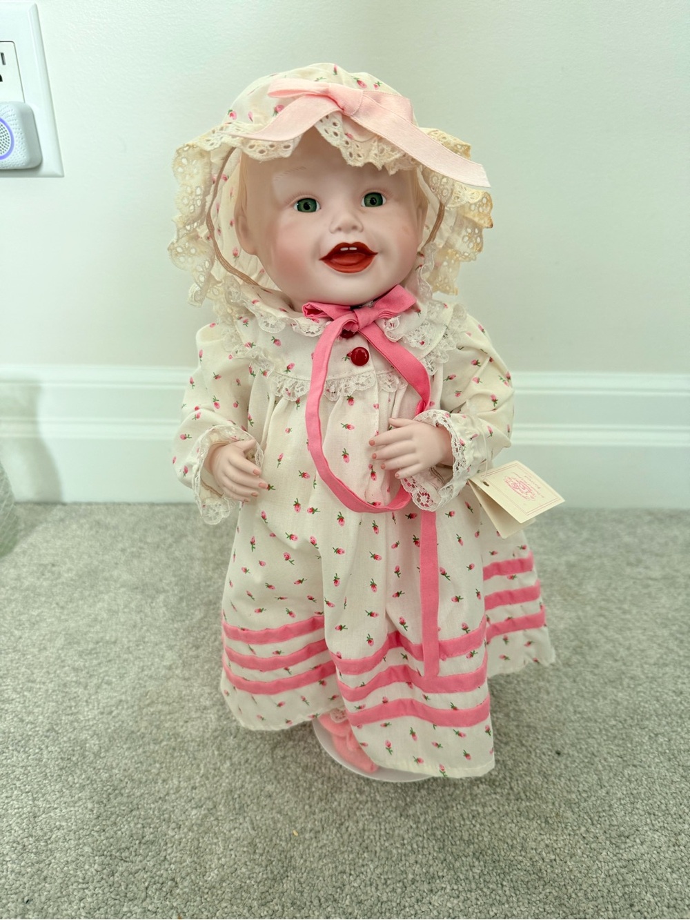 Knowles Pink & Cream Floral Baby Doll with Lace Bonnet